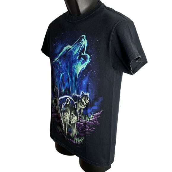 Howling Wolf Northern Lights T Shirt S Black Graphic Crewneck Short Sleeves - Picture 4 of 7